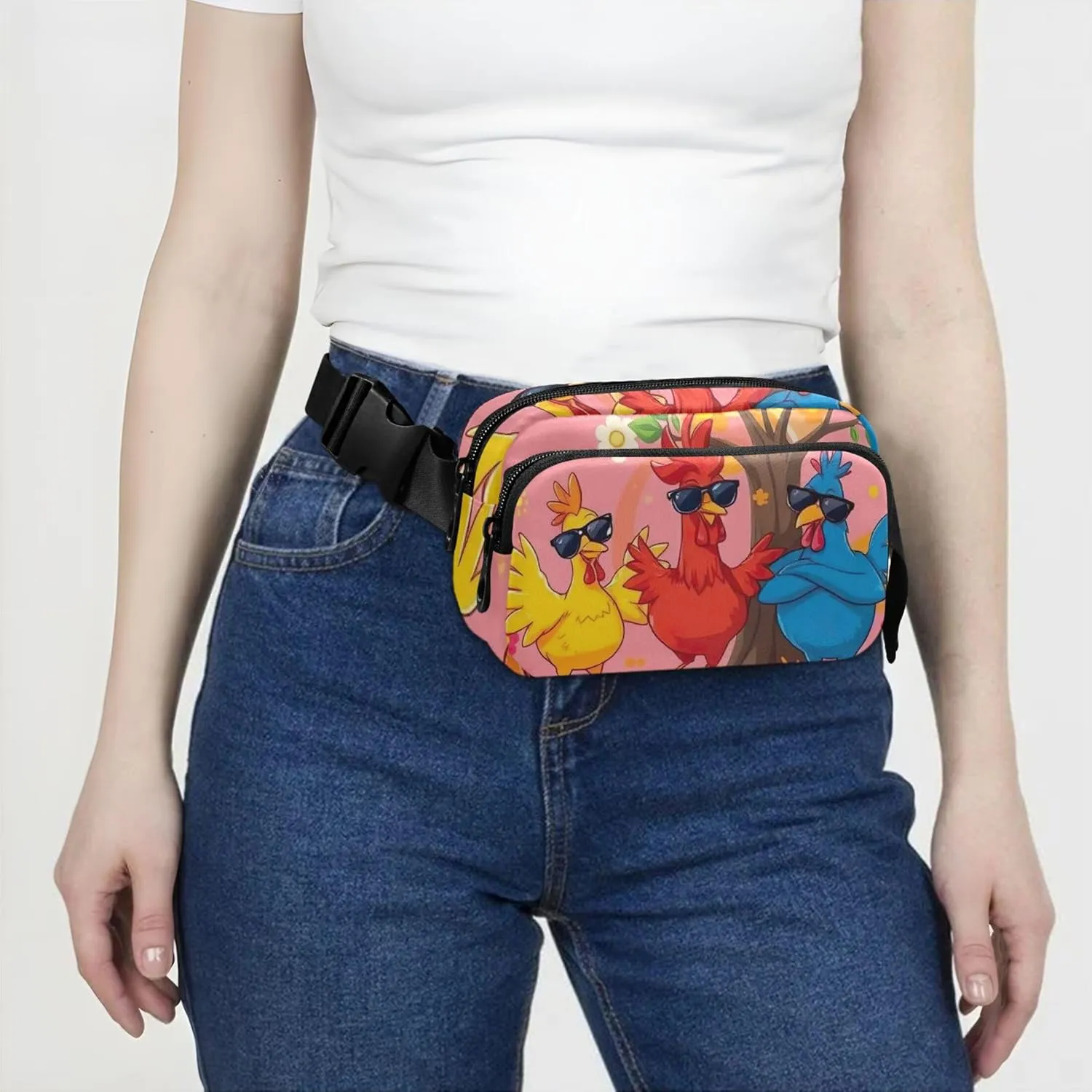 Cartoon Fun Colorful Chicken Fanny Packs for Women Waterproof Hip Pack Belt Bag Fashion Waist Bag for Women