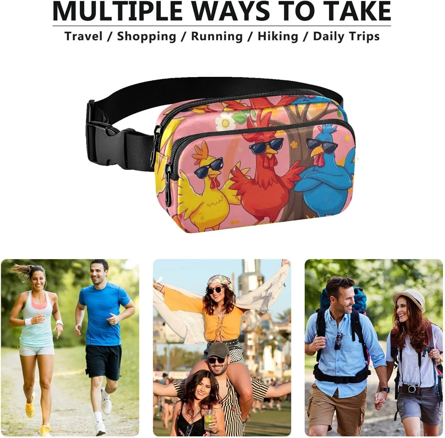 Cartoon Fun Colorful Chicken Fanny Packs for Women Waterproof Hip Pack Belt Bag Fashion Waist Bag for Women