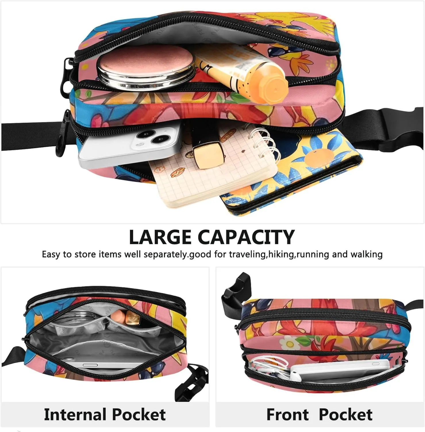 Cartoon Fun Colorful Chicken Fanny Packs for Women Waterproof Hip Pack Belt Bag Fashion Waist Bag for Women