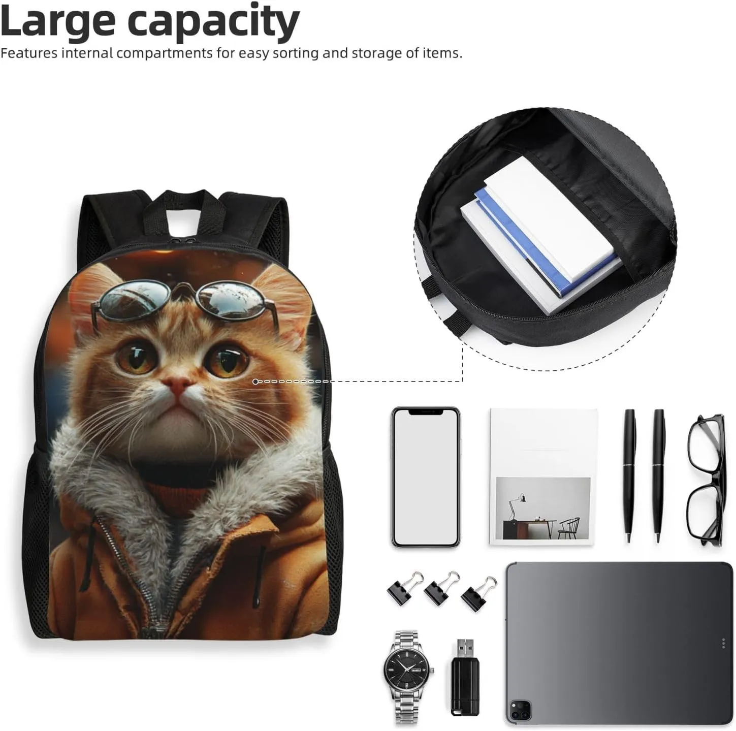Cat With Sunglasses Backpack Waterproof Anti Theft Durable Light Laptop Bag Backpacks For Women Men Travel Gym Backpack
