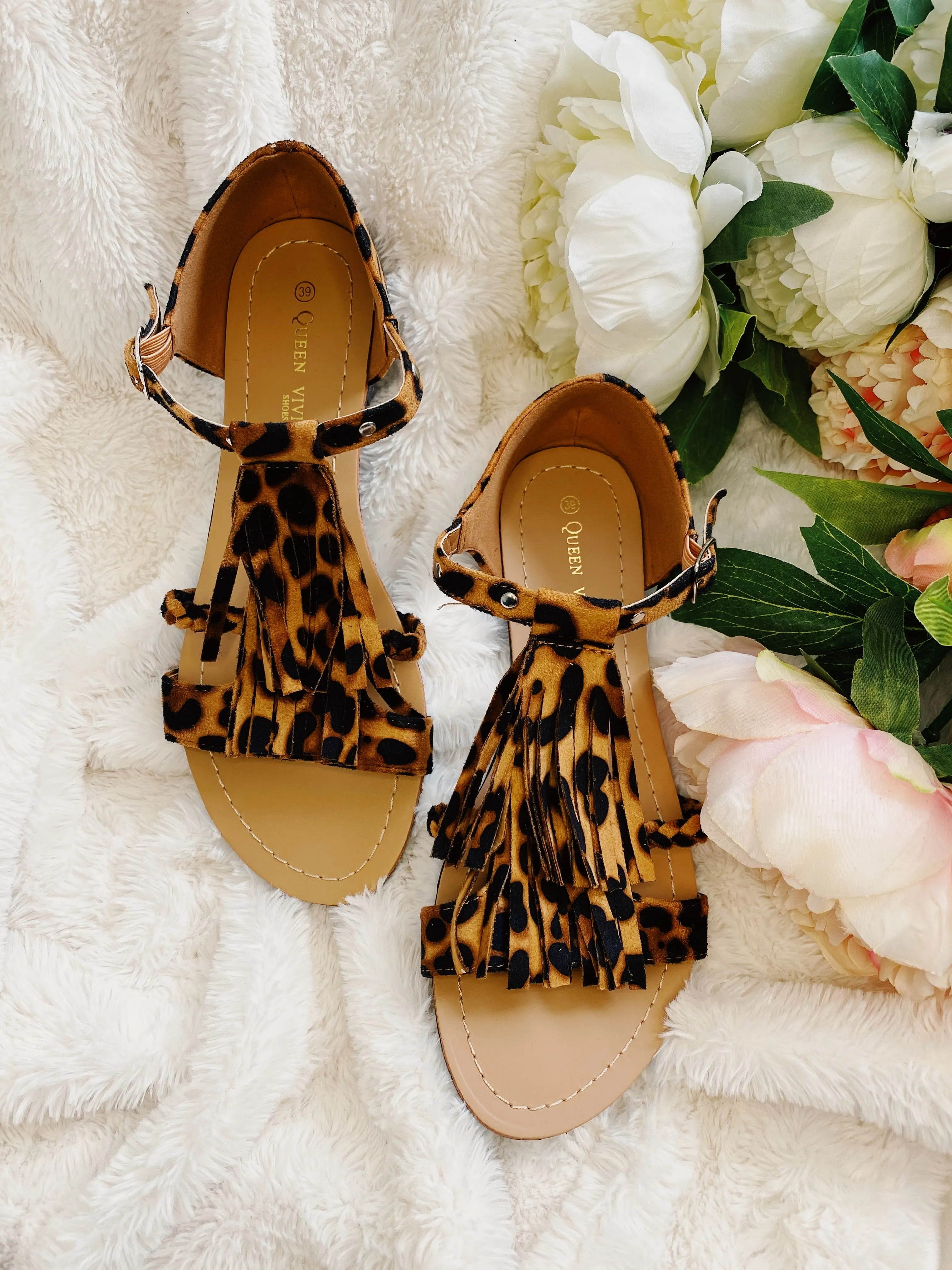 Celestia Tassel sandals in leopard print