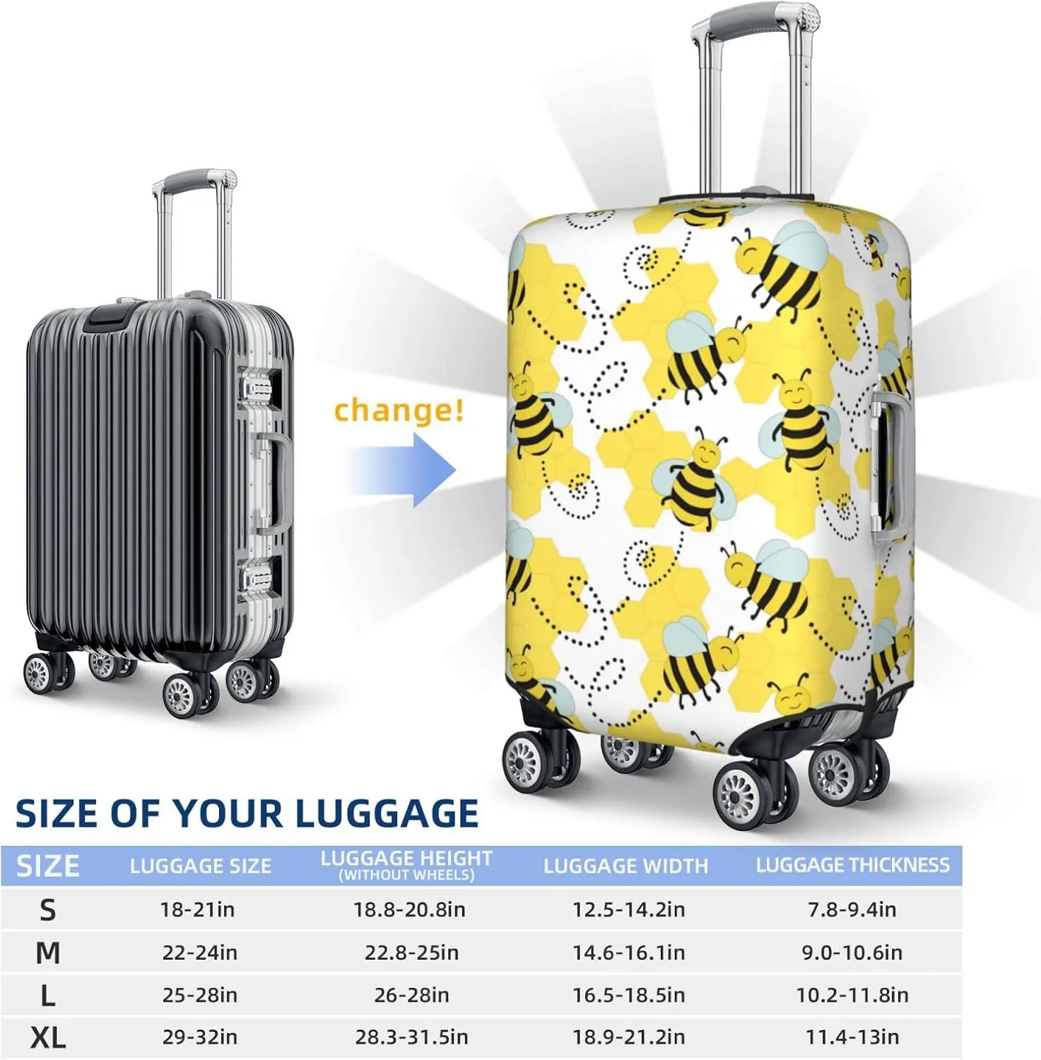 Cheerful Bumble Bees Luggage Cover Washable Elasticated Luggage Covers For Suitcase Tsa Approved Stylish Dust And Scratch Resistant Luggage Case Protector For Kids And Adults