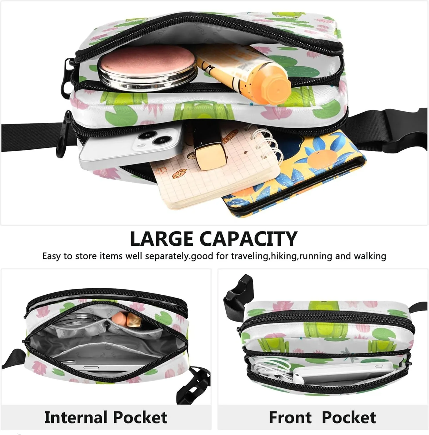 Cheerful Cute Frogs Green Womens Fanny Pack Waterproof Hip Pack Belt Pouch Cute Crossbody Waist Pack