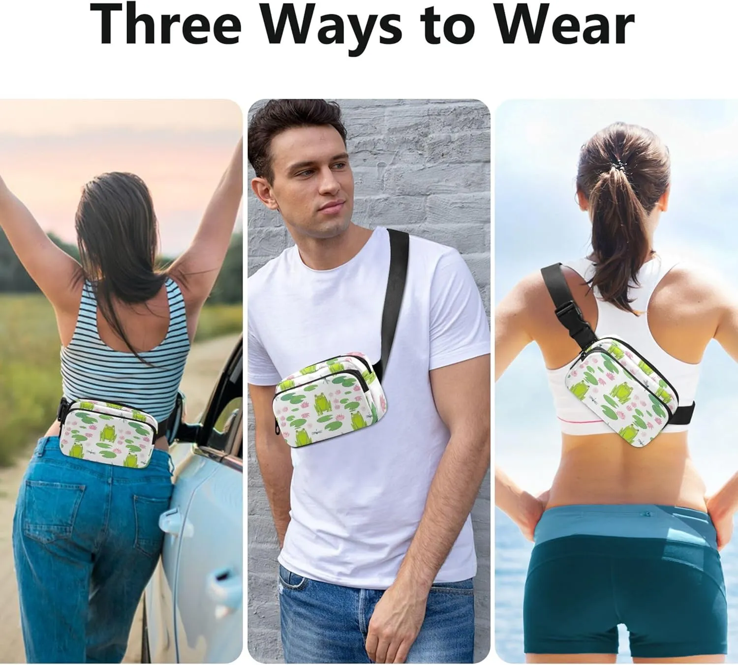 Cheerful Cute Frogs Green Womens Fanny Pack Waterproof Hip Pack Belt Pouch Cute Crossbody Waist Pack