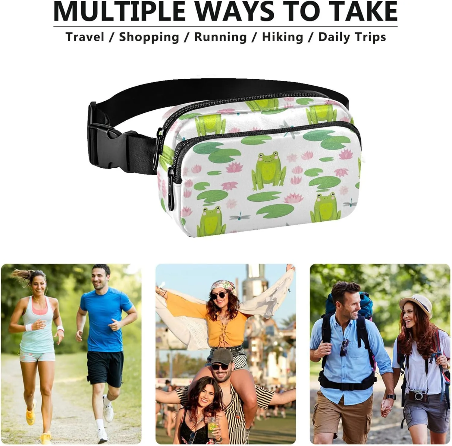 Cheerful Cute Frogs Green Womens Fanny Pack Waterproof Hip Pack Belt Pouch Cute Crossbody Waist Pack