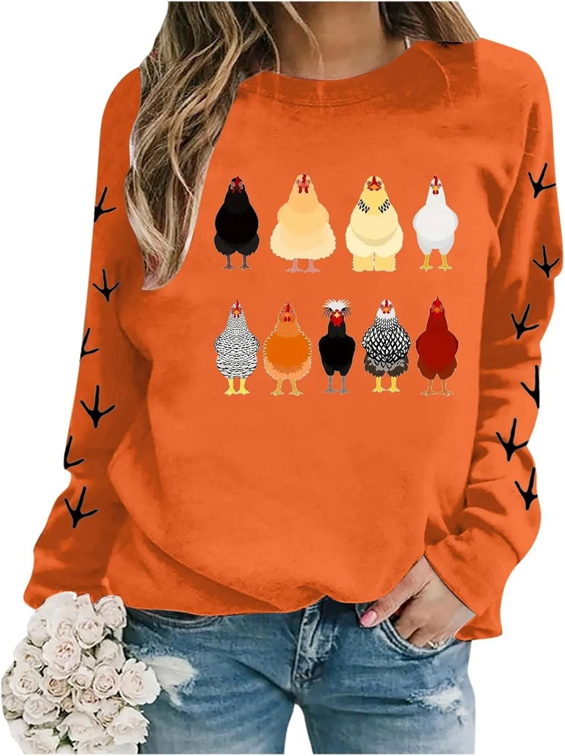Chicken Graphic Sweatshirts for Women Long Sleeve Chicken Sweatshirt Crew Neck Pullover Top Fall Preppy Clothes