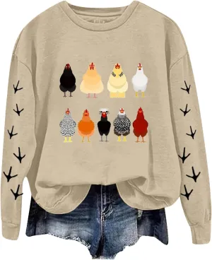 Chicken Graphic Sweatshirts for Women Long Sleeve Chicken Sweatshirt Crew Neck Pullover Top Fall Preppy Clothes