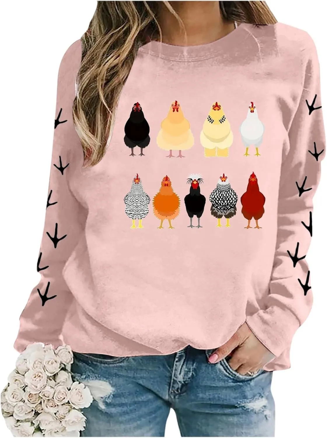 Chicken Graphic Sweatshirts for Women Long Sleeve Chicken Sweatshirt Crew Neck Pullover Top Fall Preppy Clothes