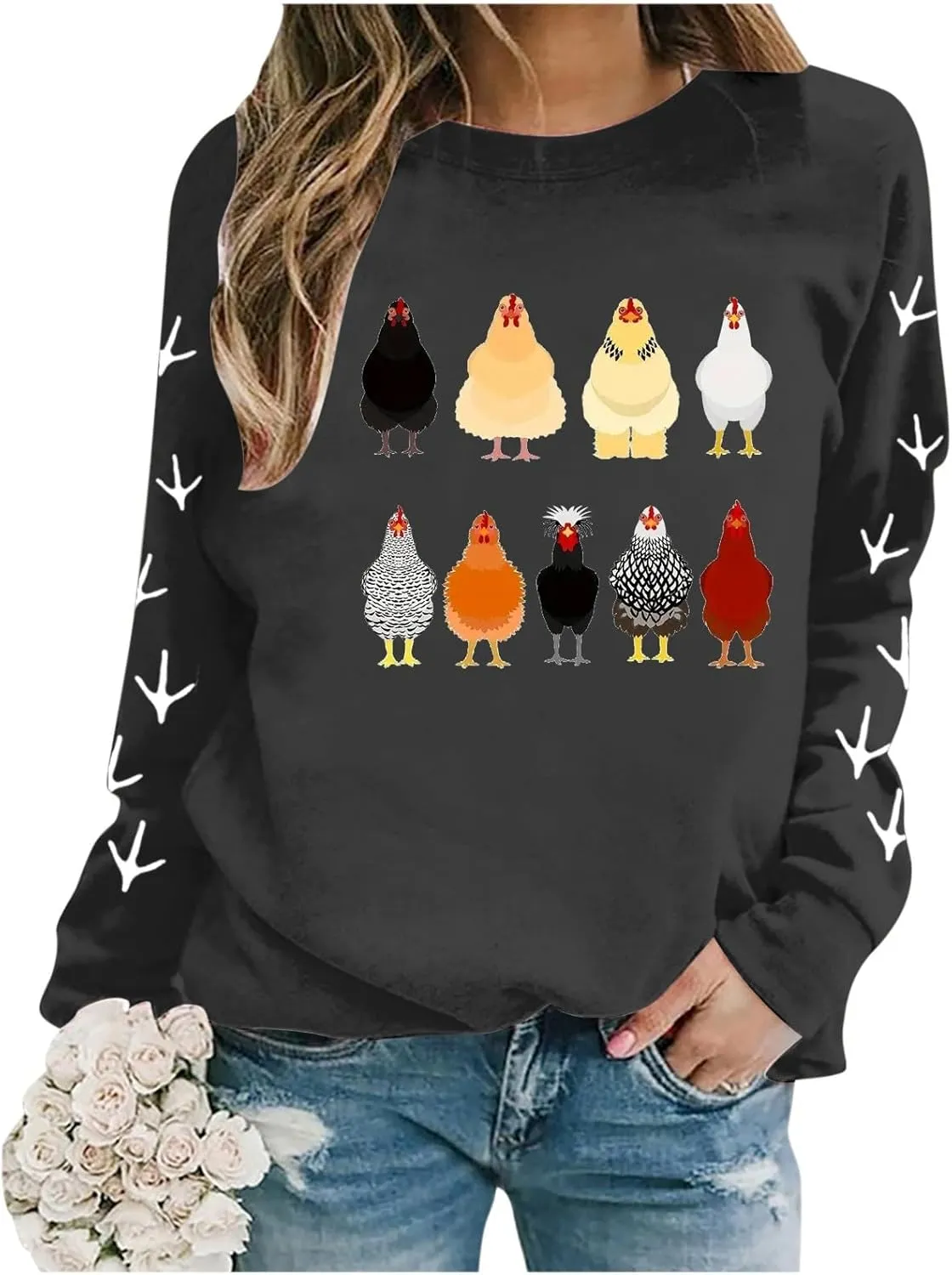 Chicken Graphic Sweatshirts for Women Long Sleeve Chicken Sweatshirt Crew Neck Pullover Top Fall Preppy Clothes