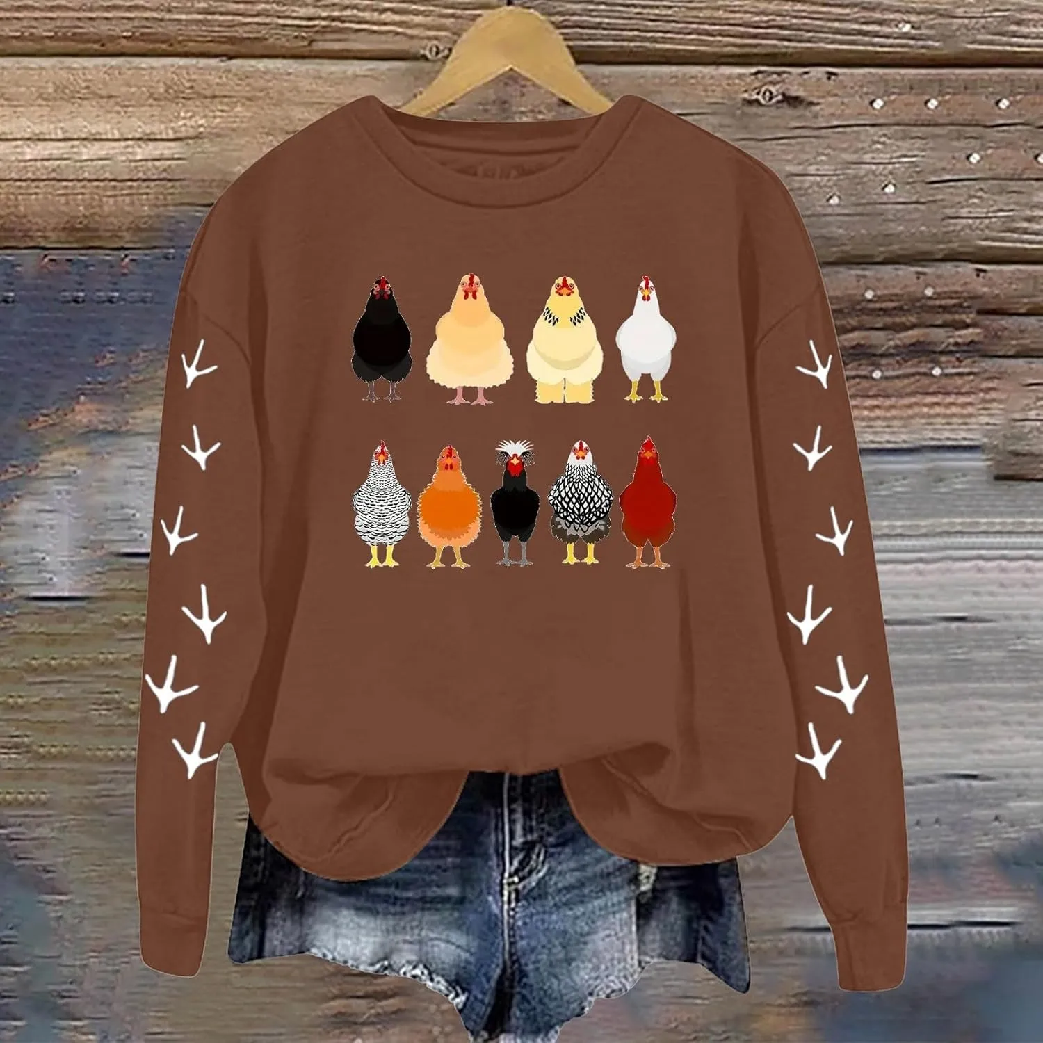 Chicken Graphic Sweatshirts for Women Long Sleeve Chicken Sweatshirt Crew Neck Pullover Top Fall Preppy Clothes