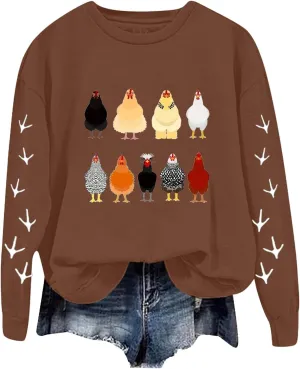 Chicken Graphic Sweatshirts for Women Long Sleeve Chicken Sweatshirt Crew Neck Pullover Top Fall Preppy Clothes