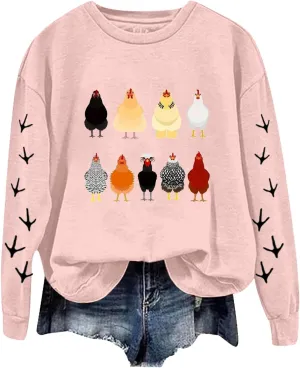 Chicken Graphic Sweatshirts for Women Long Sleeve Chicken Sweatshirt Crew Neck Pullover Top Fall Preppy Clothes