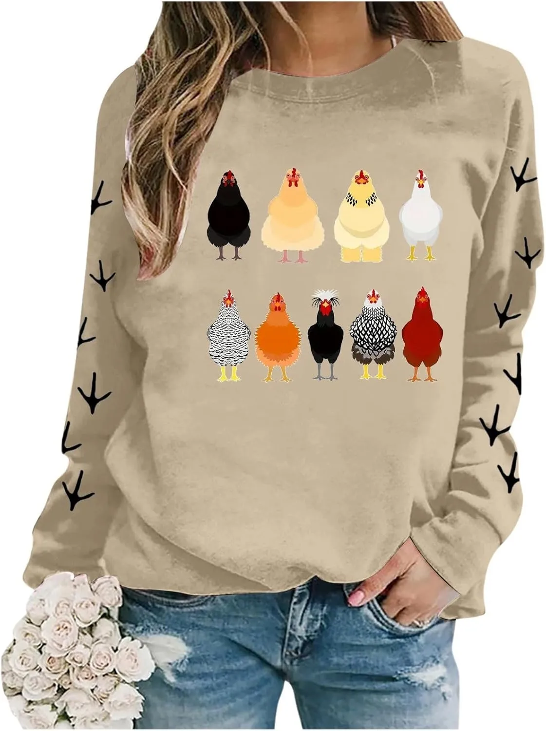 Chicken Graphic Sweatshirts for Women Long Sleeve Chicken Sweatshirt Crew Neck Pullover Top Fall Preppy Clothes