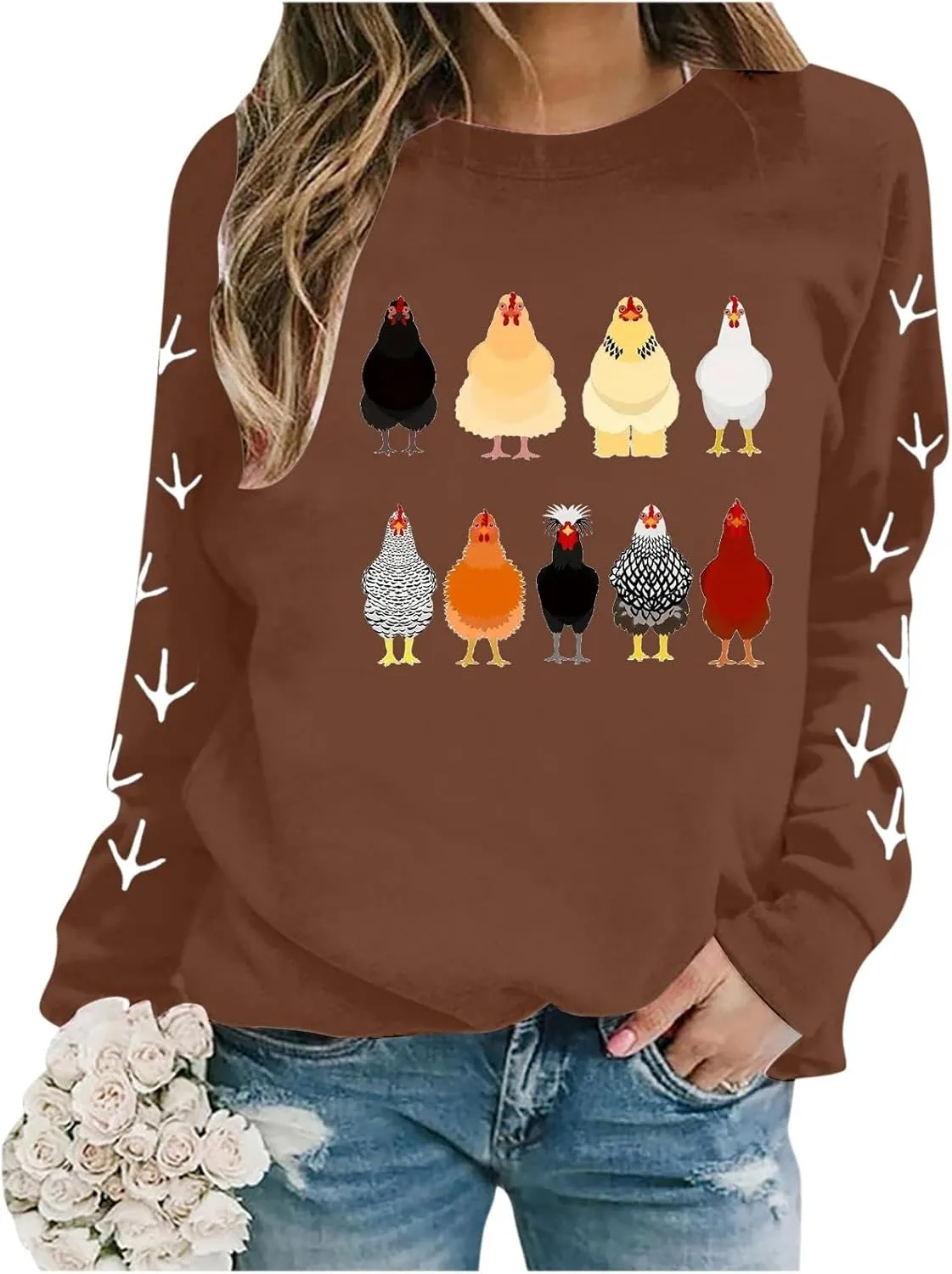 Chicken Graphic Sweatshirts for Women Long Sleeve Chicken Sweatshirt Crew Neck Pullover Top Fall Preppy Clothes