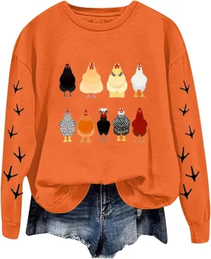 Chicken Graphic Sweatshirts for Women Long Sleeve Chicken Sweatshirt Crew Neck Pullover Top Fall Preppy Clothes