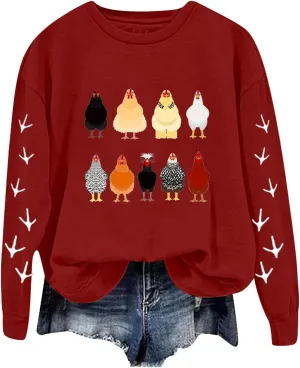 Chicken Graphic Sweatshirts for Women Long Sleeve Chicken Sweatshirt Crew Neck Pullover Top Fall Preppy Clothes