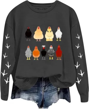 Chicken Graphic Sweatshirts for Women Long Sleeve Chicken Sweatshirt Crew Neck Pullover Top Fall Preppy Clothes