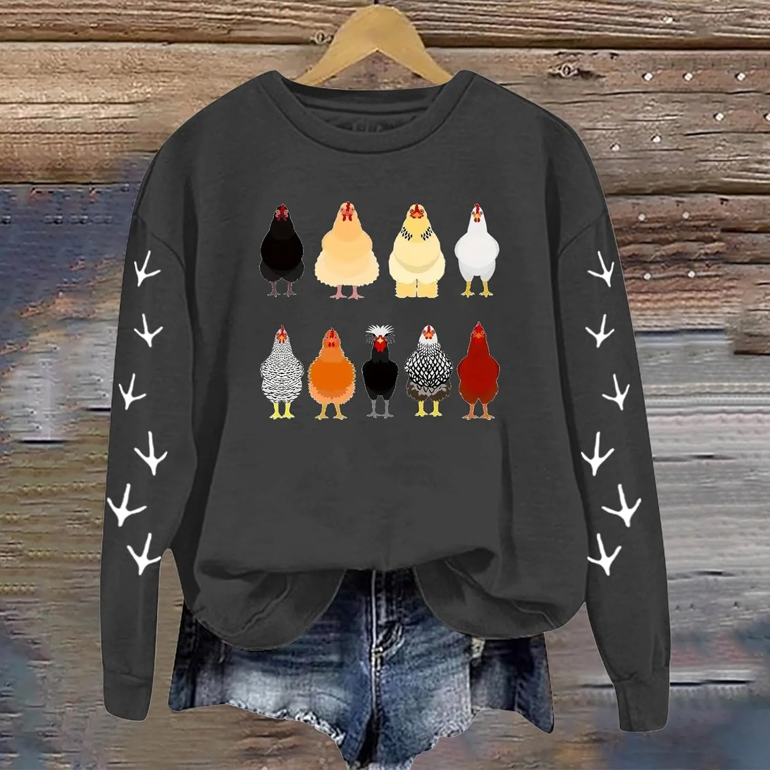 Chicken Graphic Sweatshirts for Women Long Sleeve Chicken Sweatshirt Crew Neck Pullover Top Fall Preppy Clothes