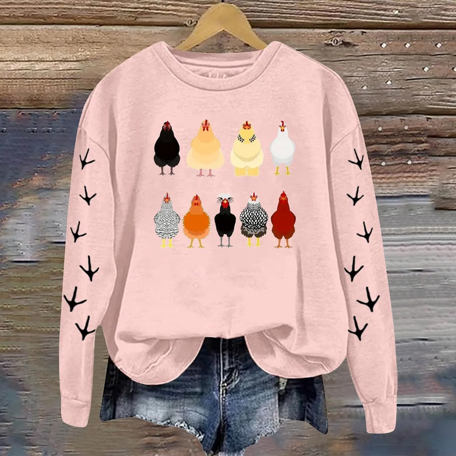 Chicken Graphic Sweatshirts for Women Long Sleeve Chicken Sweatshirt Crew Neck Pullover Top Fall Preppy Clothes