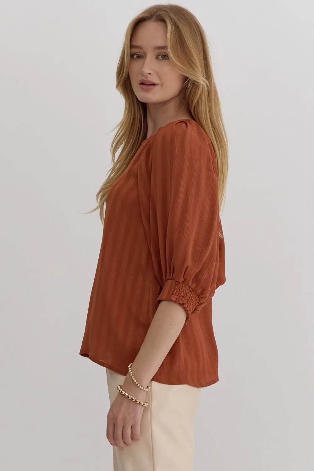 Cinnamon Textured Top w/ Detailed Sleeves