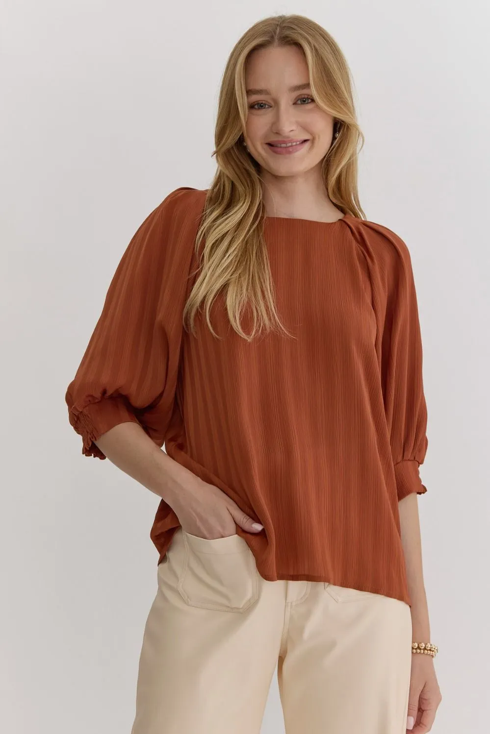 Cinnamon Textured Top w/ Detailed Sleeves