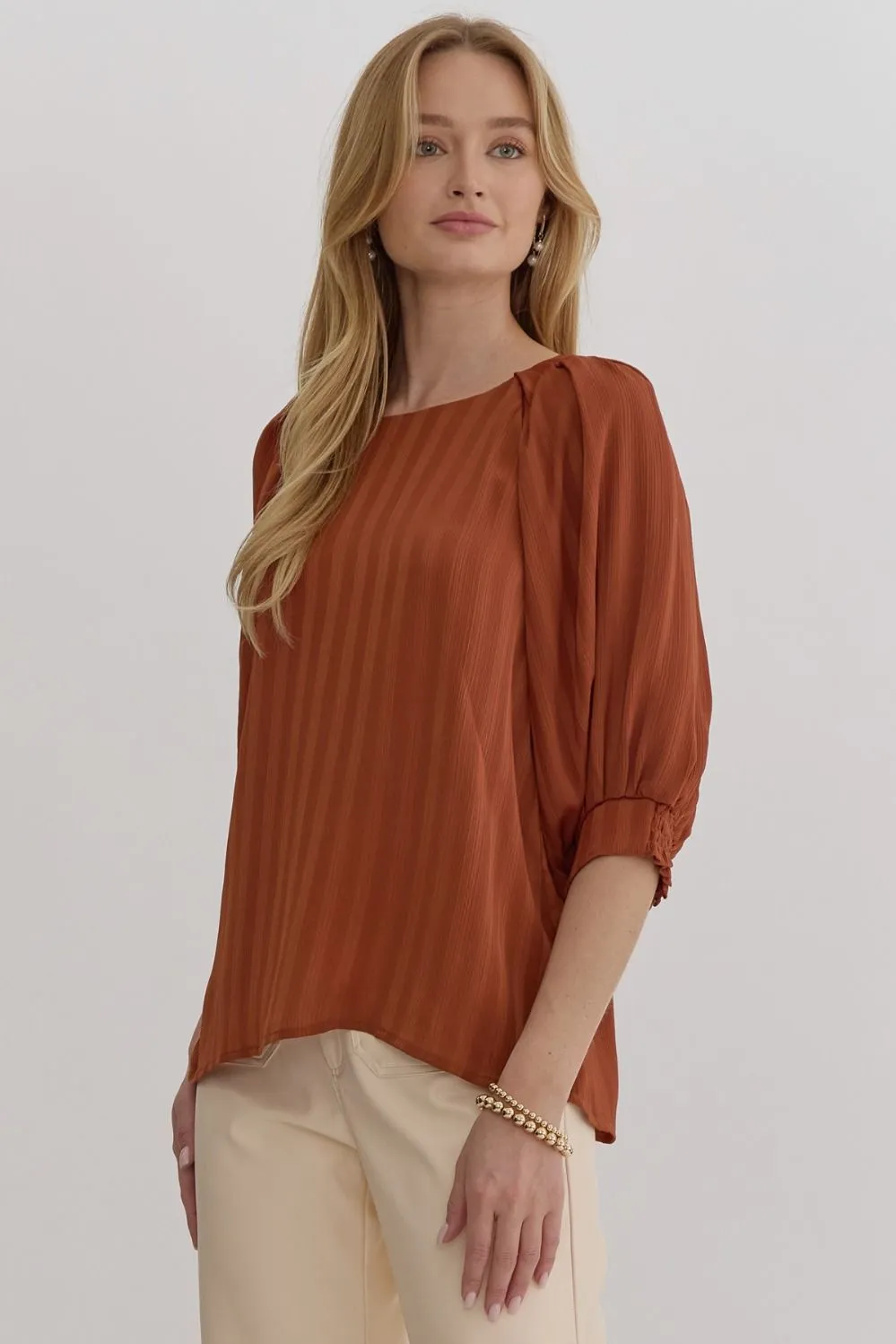 Cinnamon Textured Top w/ Detailed Sleeves