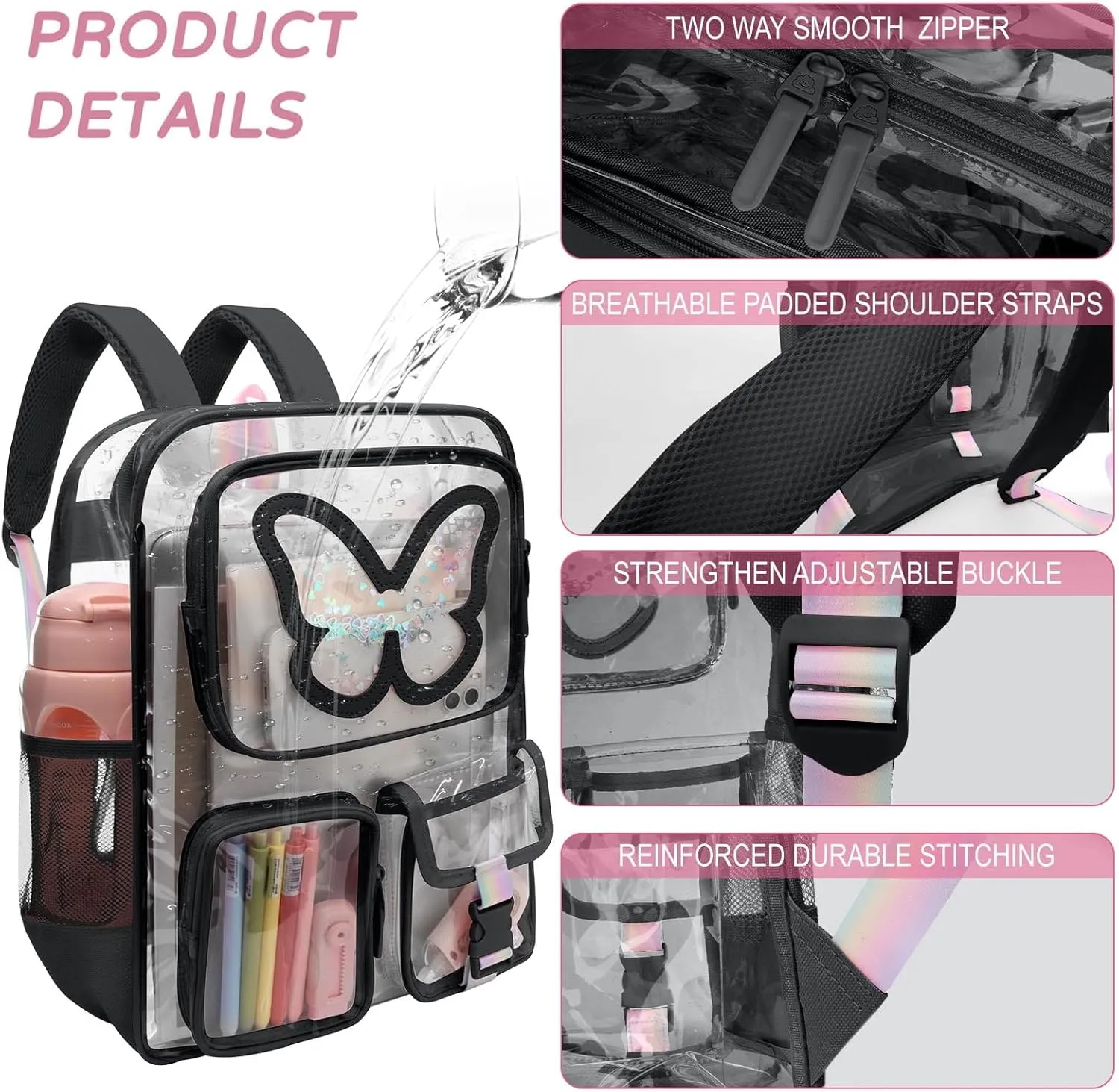 Clear Backpack - Durable Large Transparent Bag for Teen Girls, School, Sports, Travel - Stadium Approved