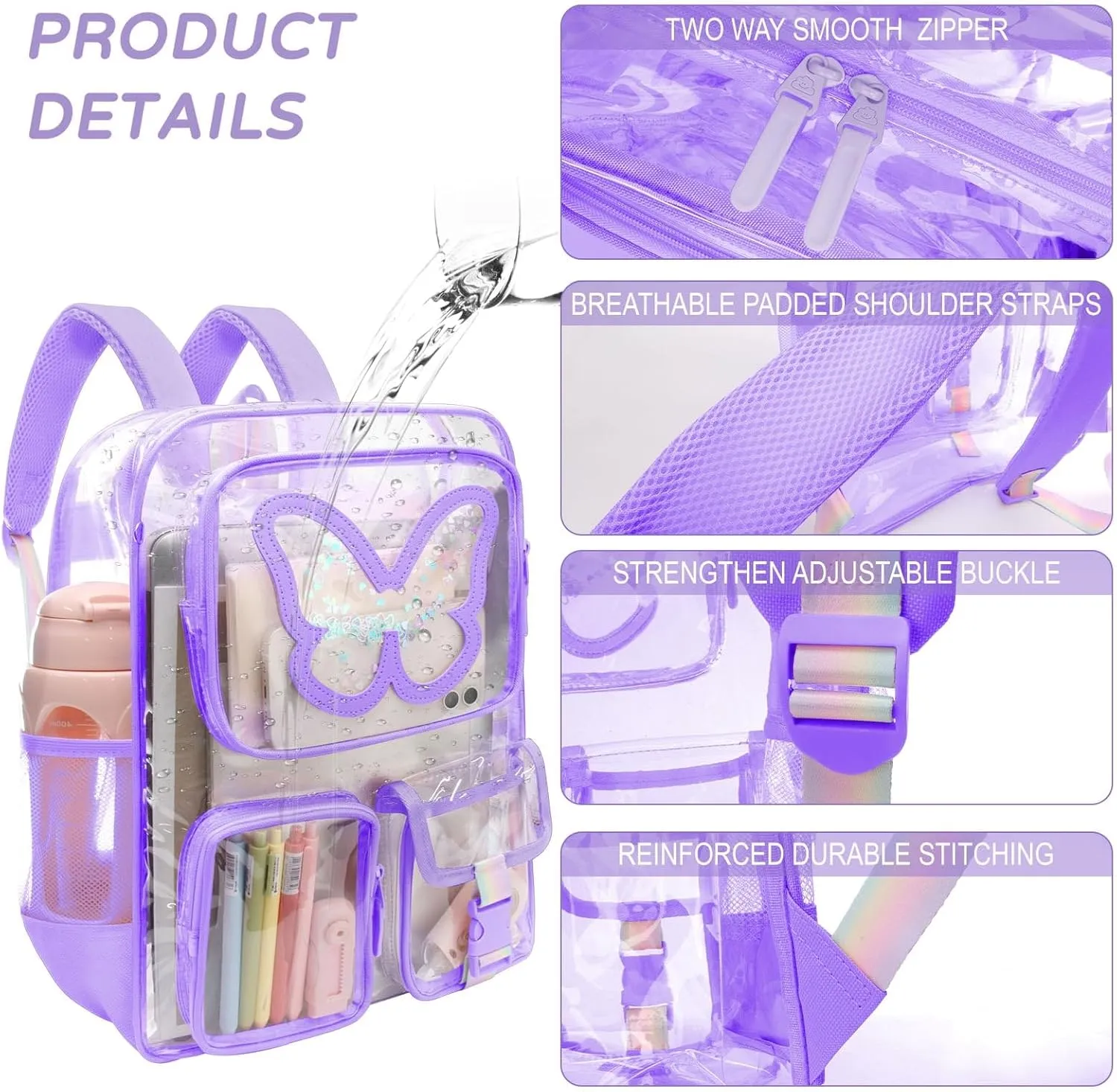 Clear Backpack - Durable Large Transparent Bag for Teen Girls, School, Sports, Travel - Stadium Approved
