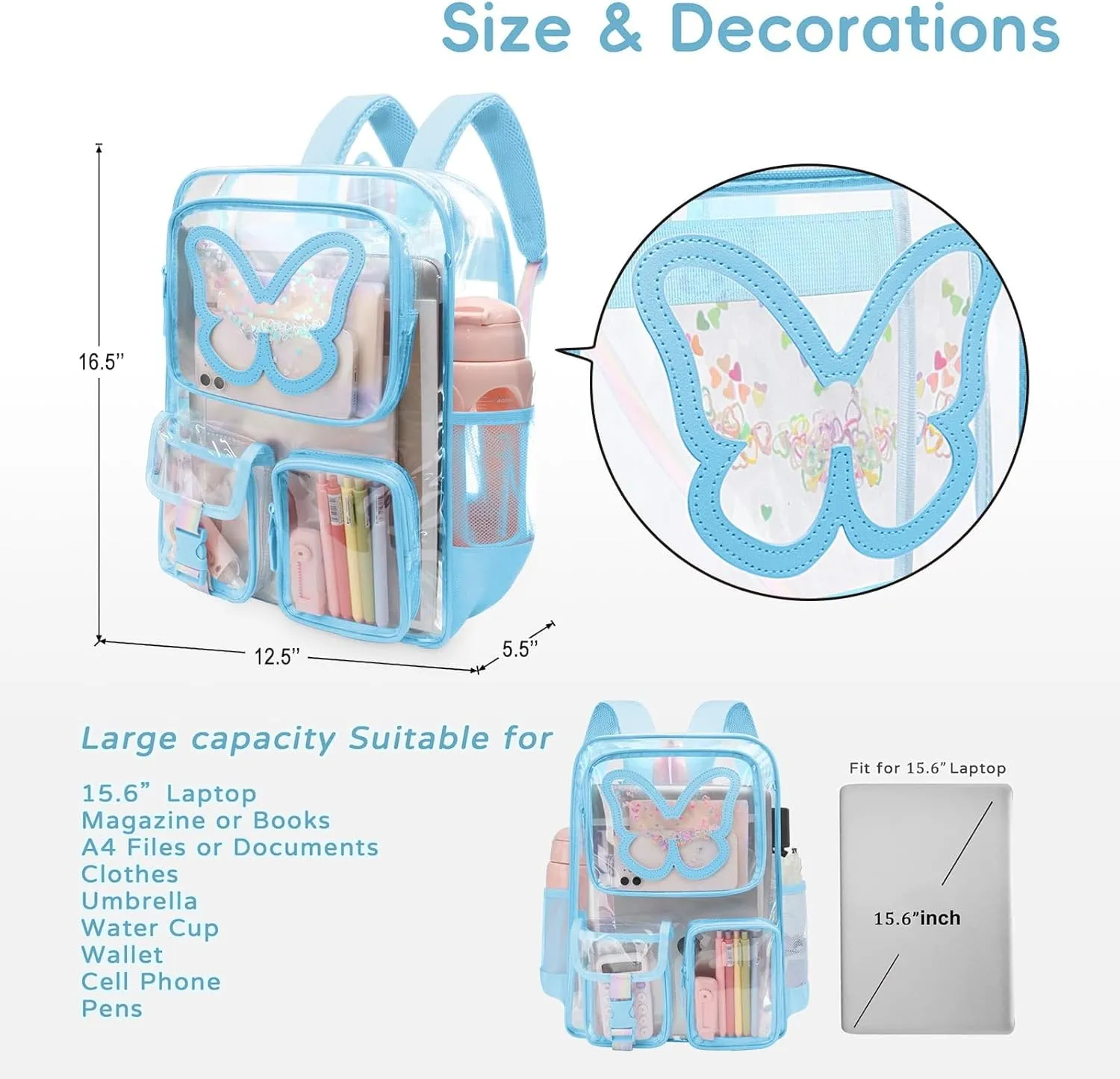 Clear Backpack - Durable Large Transparent Bag for Teen Girls, School, Sports, Travel - Stadium Approved
