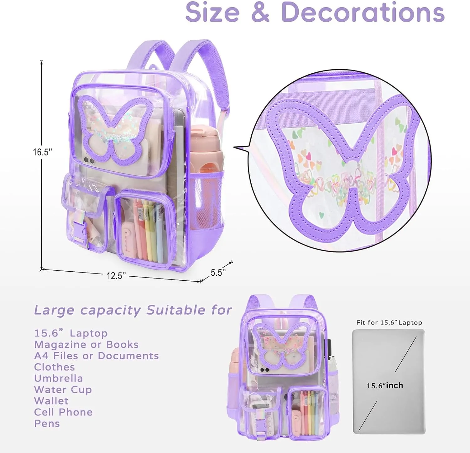 Clear Backpack - Durable Large Transparent Bag for Teen Girls, School, Sports, Travel - Stadium Approved
