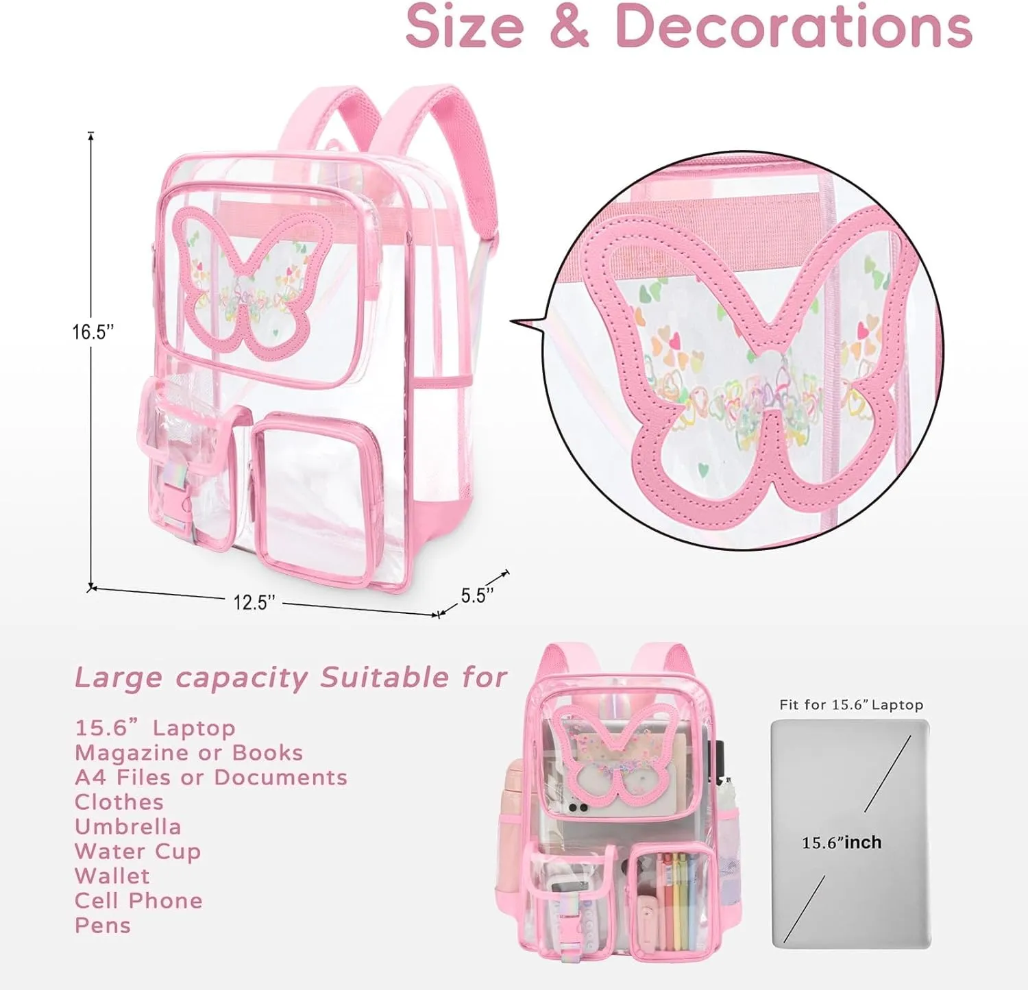 Clear Backpack - Durable Large Transparent Bag for Teen Girls, School, Sports, Travel - Stadium Approved