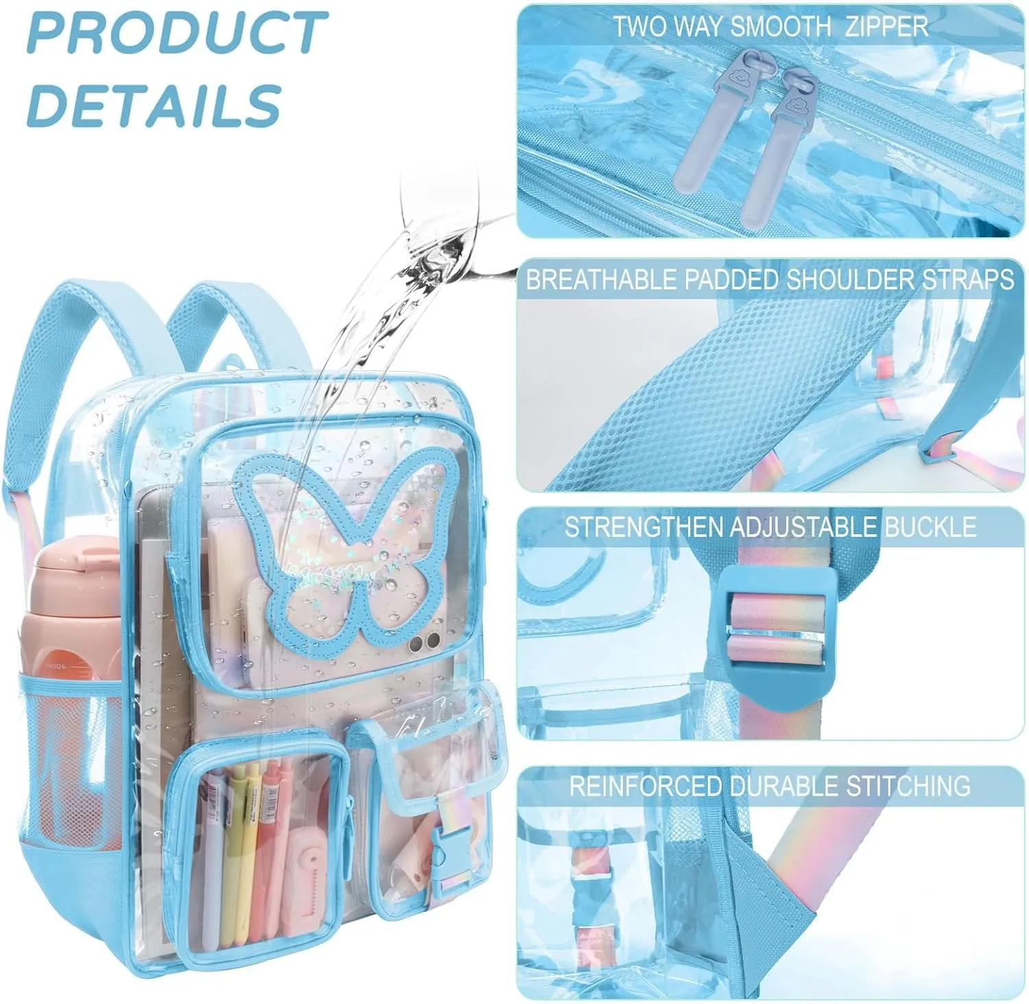 Clear Backpack - Durable Large Transparent Bag for Teen Girls, School, Sports, Travel - Stadium Approved