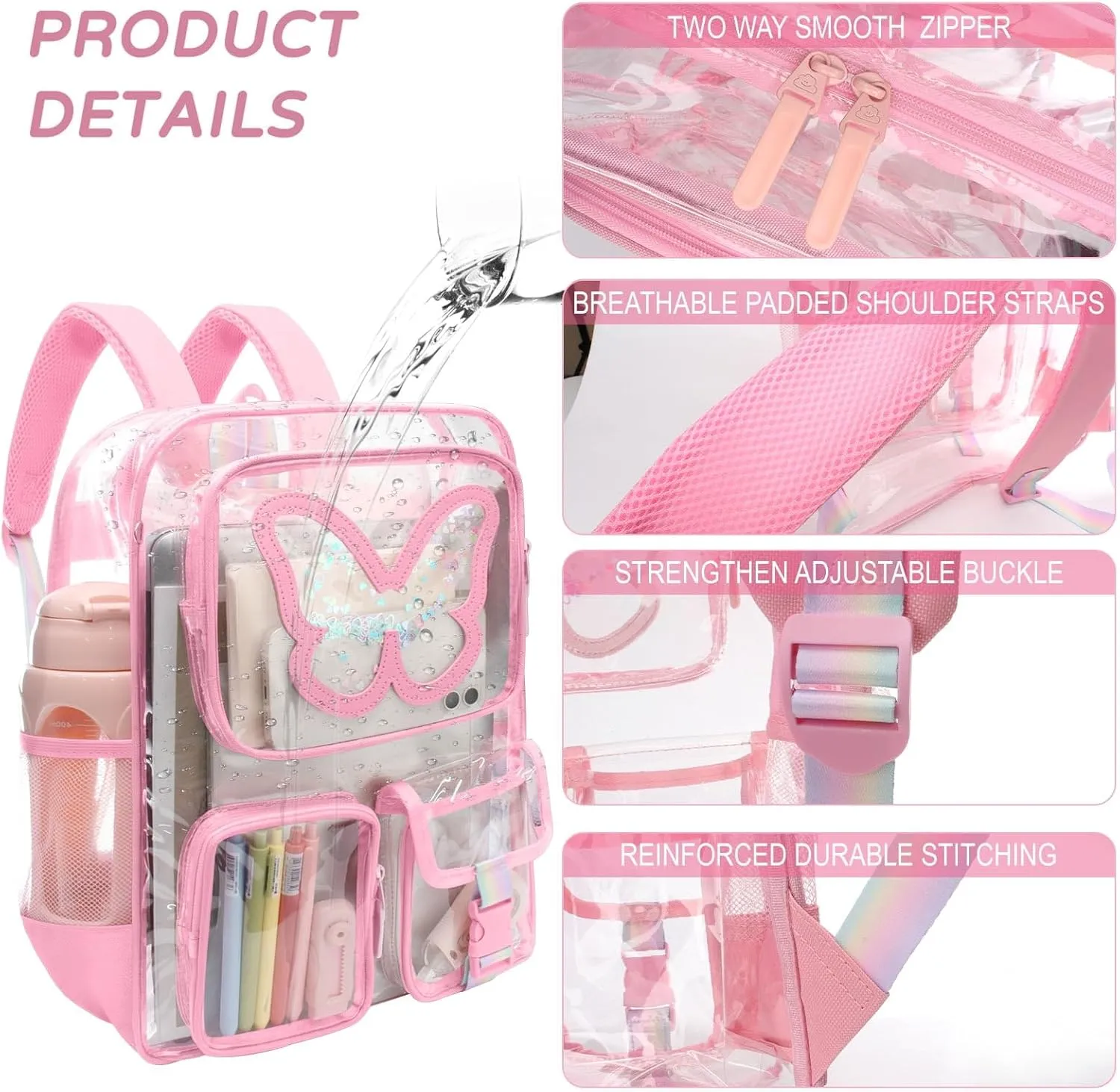 Clear Backpack - Durable Large Transparent Bag for Teen Girls, School, Sports, Travel - Stadium Approved