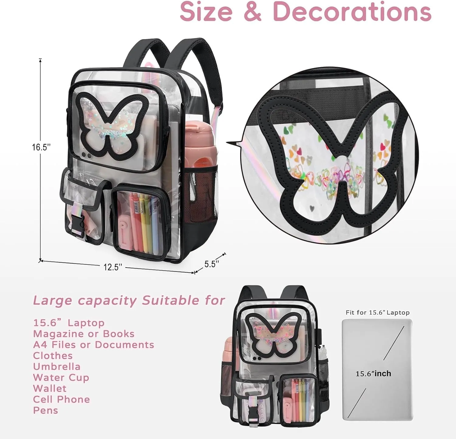 Clear Backpack - Durable Large Transparent Bag for Teen Girls, School, Sports, Travel - Stadium Approved