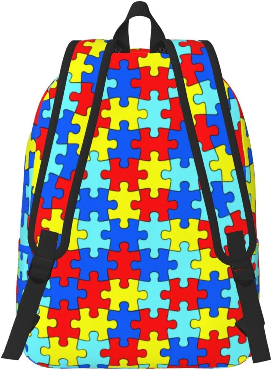 Colorful Puzzle Piece Fun Backpack for Girls Boys Women Lightweight Canvas Bookbag Casual Daypack for Travel Outdoor Camping, 17 Inch