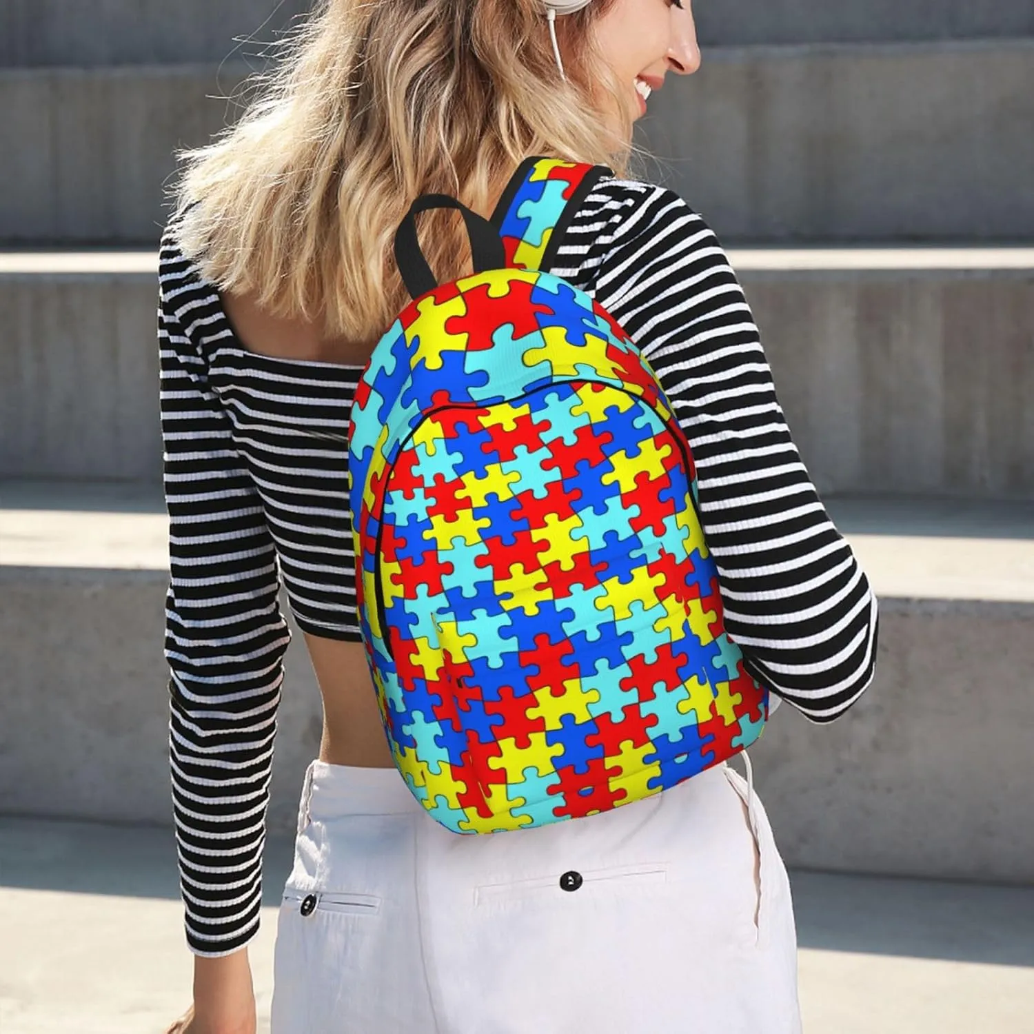Colorful Puzzle Piece Fun Backpack for Girls Boys Women Lightweight Canvas Bookbag Casual Daypack for Travel Outdoor Camping, 17 Inch