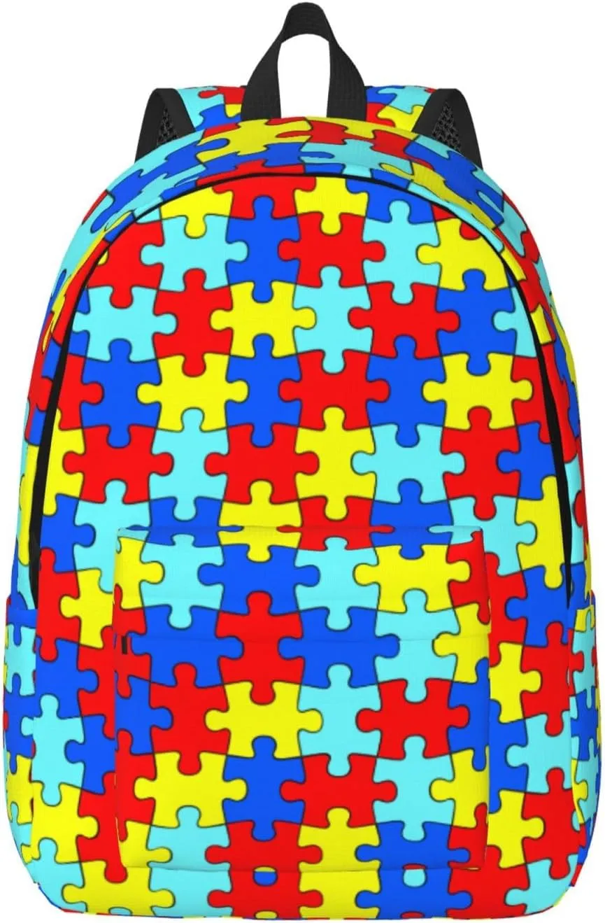 Colorful Puzzle Piece Fun Backpack for Girls Boys Women Lightweight Canvas Bookbag Casual Daypack for Travel Outdoor Camping, 17 Inch