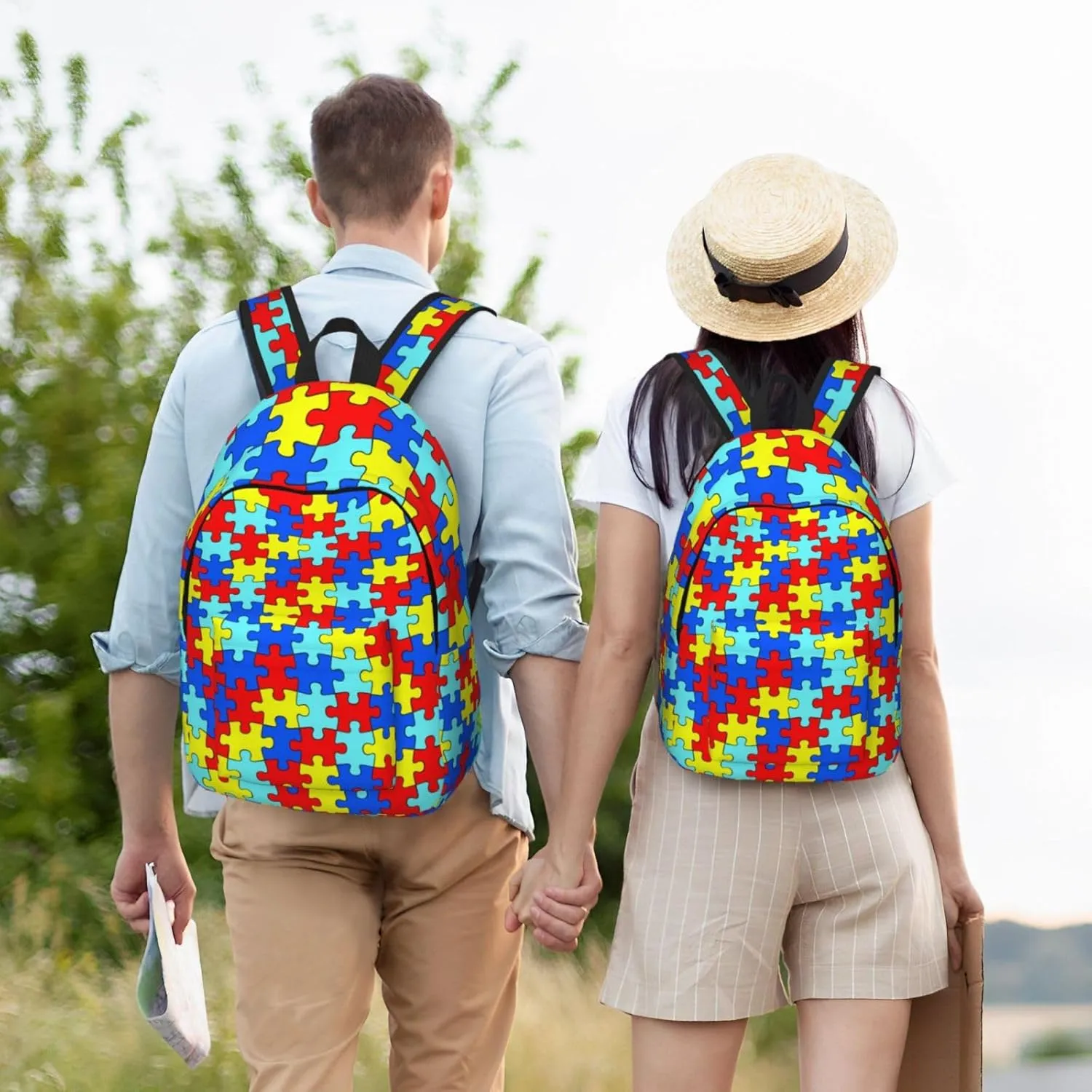 Colorful Puzzle Piece Fun Backpack for Girls Boys Women Lightweight Canvas Bookbag Casual Daypack for Travel Outdoor Camping, 17 Inch