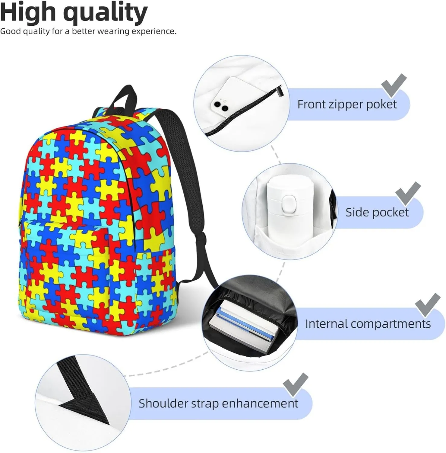 Colorful Puzzle Piece Fun Backpack for Girls Boys Women Lightweight Canvas Bookbag Casual Daypack for Travel Outdoor Camping, 17 Inch