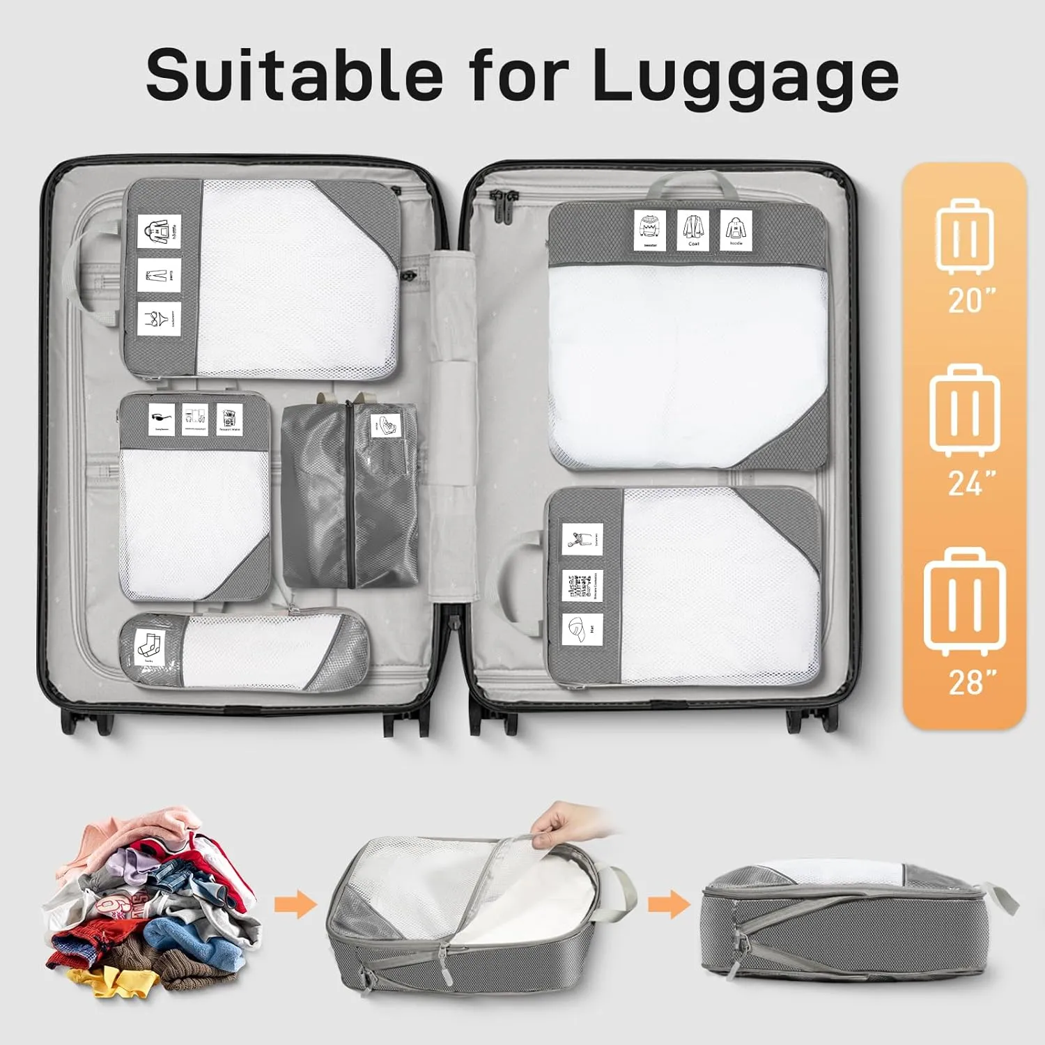 Compression Packing Cubes for Travel 6 Set Expandable Packing Organizers Durable Luggage Bags Organizers for Suitcases Travel Accessories (Grey)