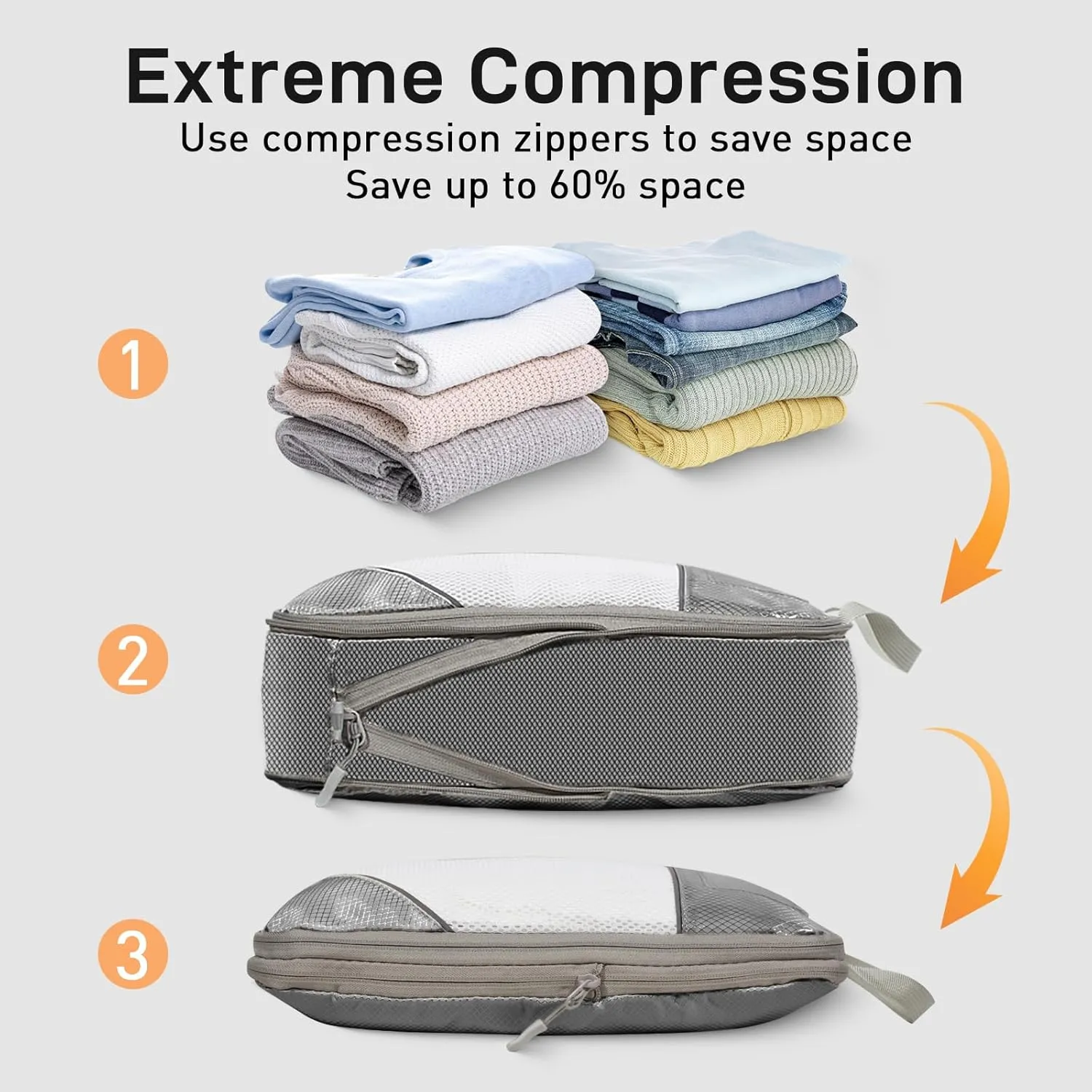 Compression Packing Cubes for Travel 6 Set Expandable Packing Organizers Durable Luggage Bags Organizers for Suitcases Travel Accessories (Grey)