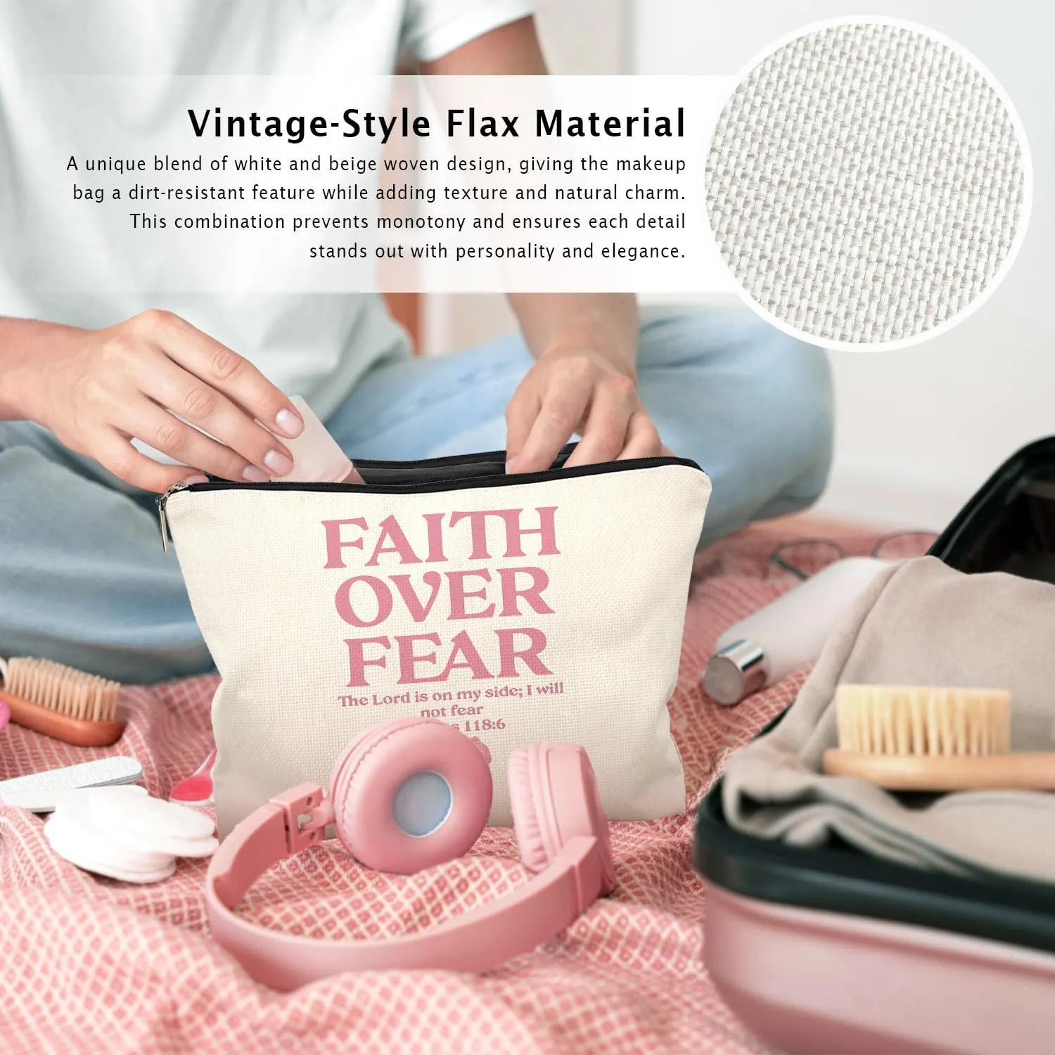 Coquette Pink Bow Christian Makeup Bag, Faith Over Fear Pink Girly Cosmetic Bags for Women, Christian Bible Verse Gifts for Women, Preppy Aesthetic Zipper Makeup Pouch