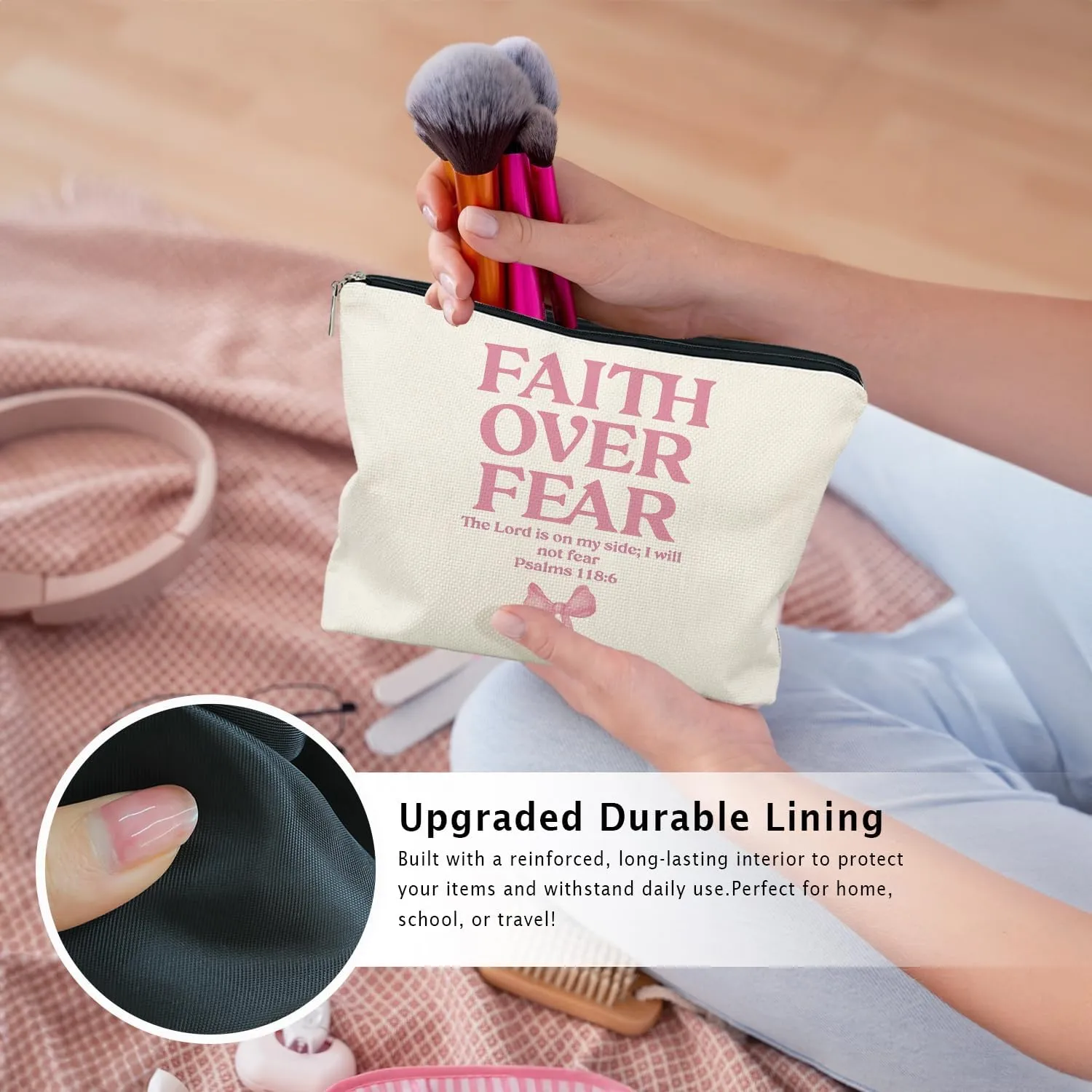 Coquette Pink Bow Christian Makeup Bag, Faith Over Fear Pink Girly Cosmetic Bags for Women, Christian Bible Verse Gifts for Women, Preppy Aesthetic Zipper Makeup Pouch