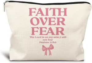 Coquette Pink Bow Christian Makeup Bag, Faith Over Fear Pink Girly Cosmetic Bags for Women, Christian Bible Verse Gifts for Women, Preppy Aesthetic Zipper Makeup Pouch