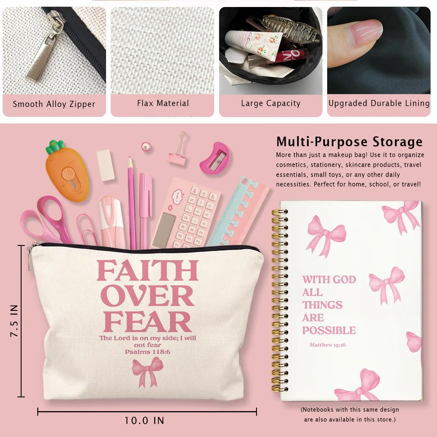 Coquette Pink Bow Christian Makeup Bag, Faith Over Fear Pink Girly Cosmetic Bags for Women, Christian Bible Verse Gifts for Women, Preppy Aesthetic Zipper Makeup Pouch