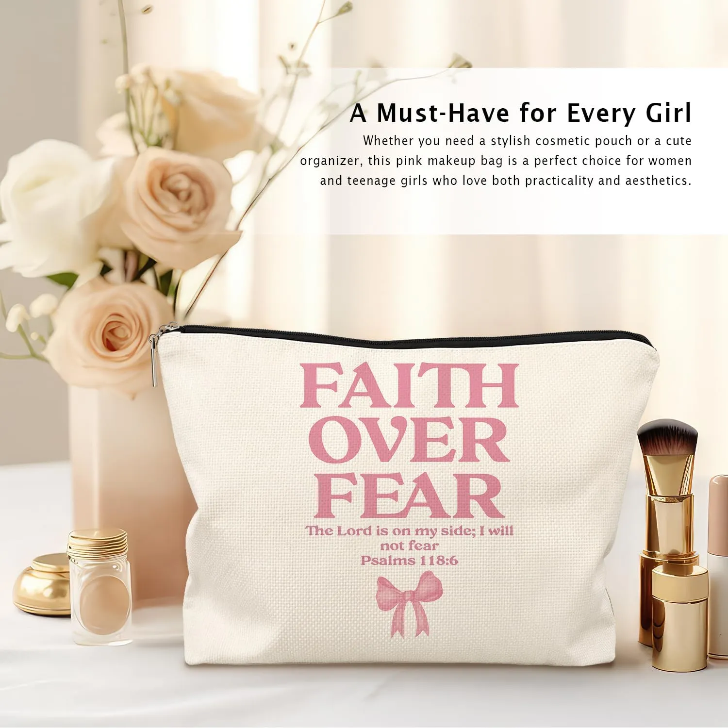 Coquette Pink Bow Christian Makeup Bag, Faith Over Fear Pink Girly Cosmetic Bags for Women, Christian Bible Verse Gifts for Women, Preppy Aesthetic Zipper Makeup Pouch
