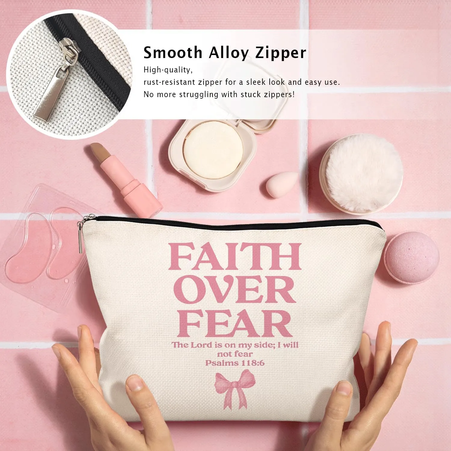 Coquette Pink Bow Christian Makeup Bag, Faith Over Fear Pink Girly Cosmetic Bags for Women, Christian Bible Verse Gifts for Women, Preppy Aesthetic Zipper Makeup Pouch