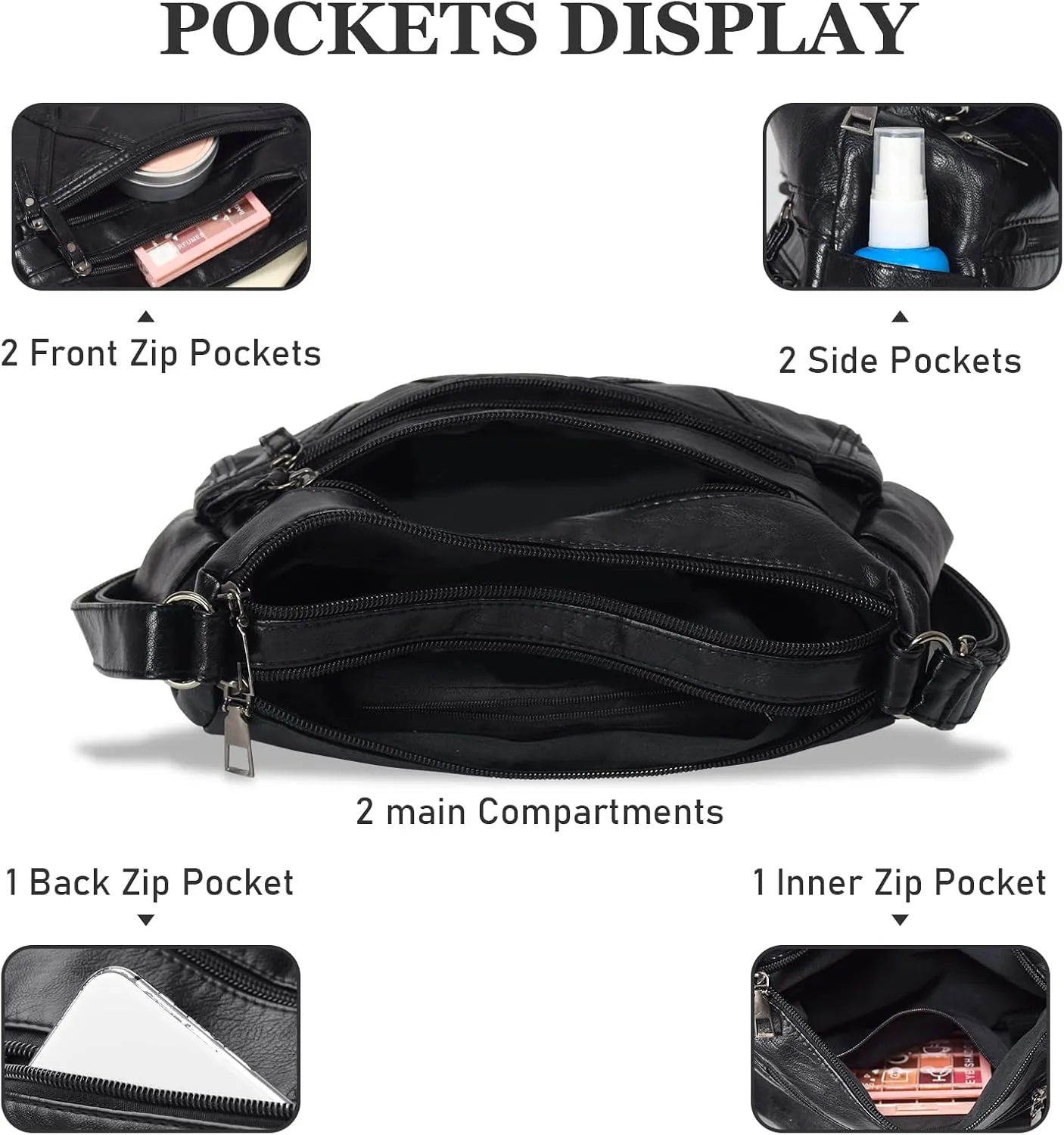 Crossbody Bag for Women Lightweight Shoulder Bags Ladies Soft PU Leather Handbags Multi Pocket Messenger Bags
