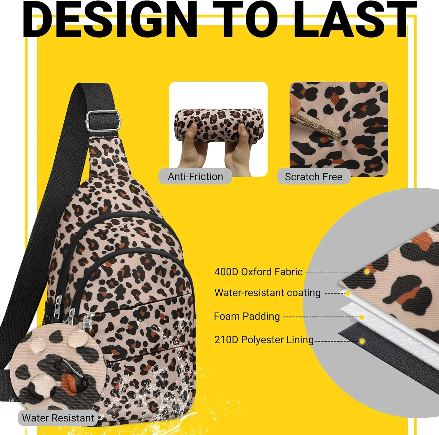 Crossbody Bags for Women, Sling Bag for Men, Small Hiking Backpack Anti Theft Lightweight for Outdoors Travel (L, Leopard)