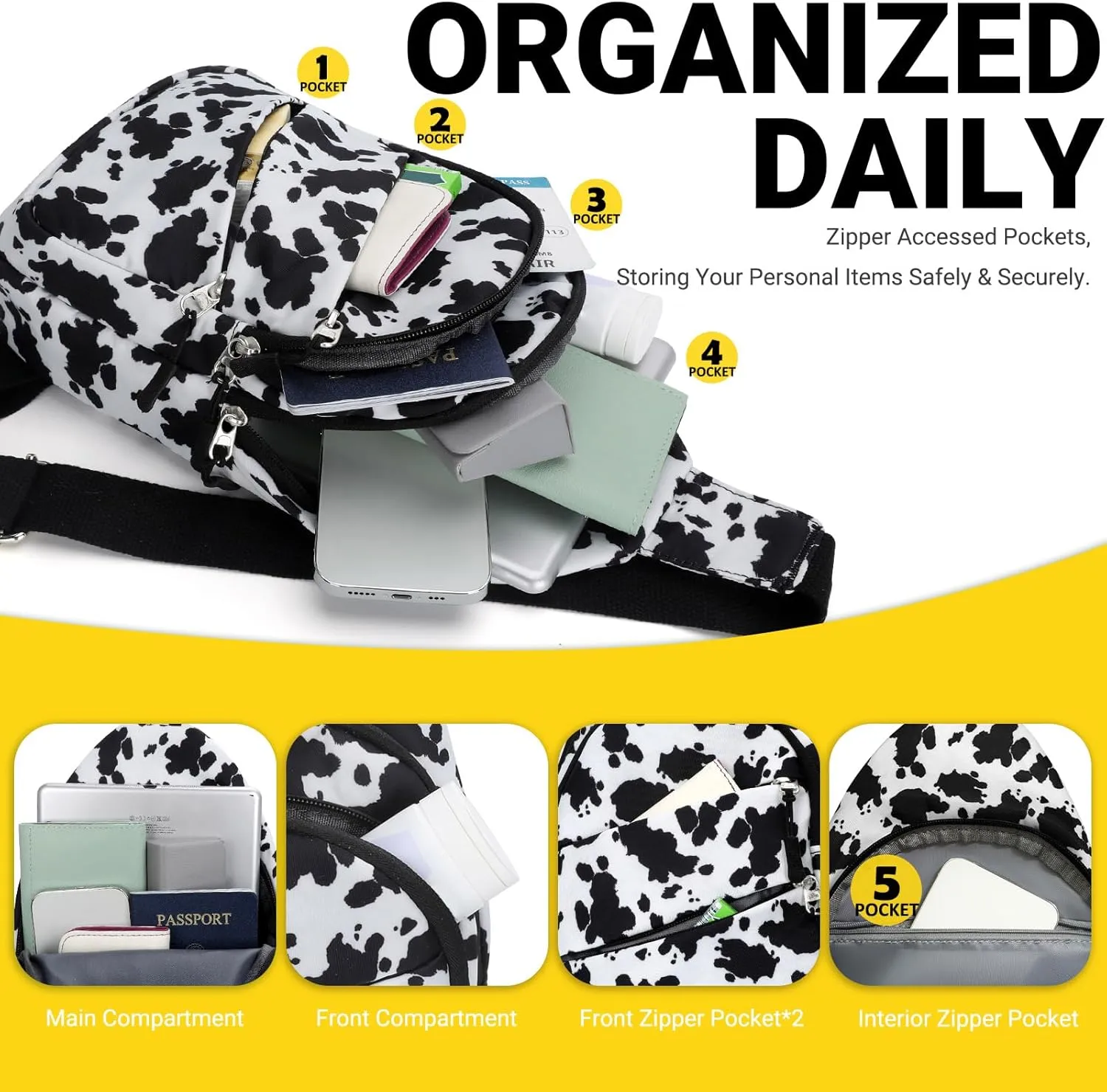 Crossbody Bags for Women, Sling Bag for Men, Small Hiking Backpack Anti Theft Lightweight for Outdoors Travel M, Cow Print